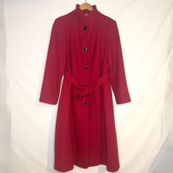 Kate Spade New York Single Breasted Belted High Neck Red Coat Size L Wool Blend - Picture 3 of 15